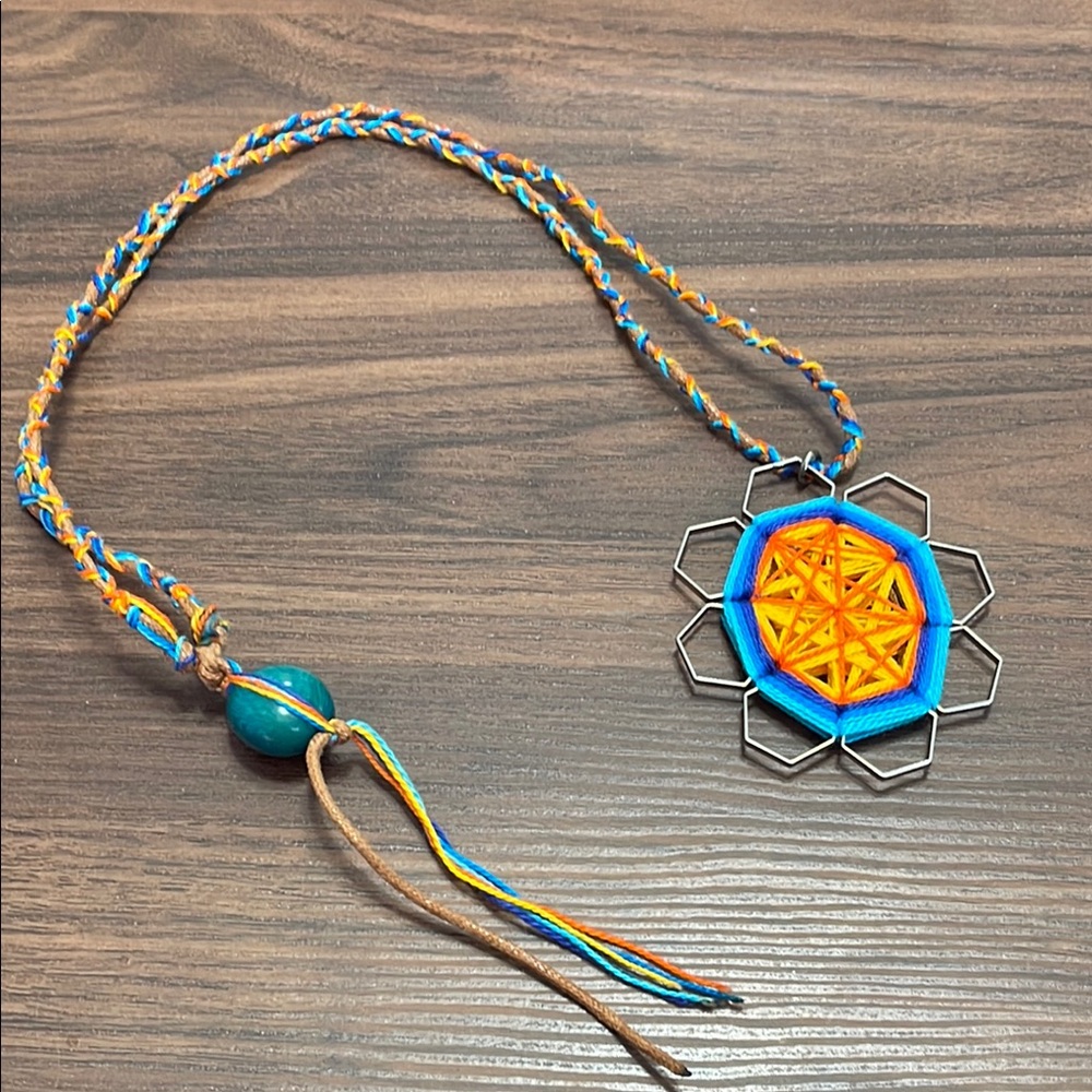Handcrafted Threaded Geometric Pendant on Braided Leather Cord Necklace